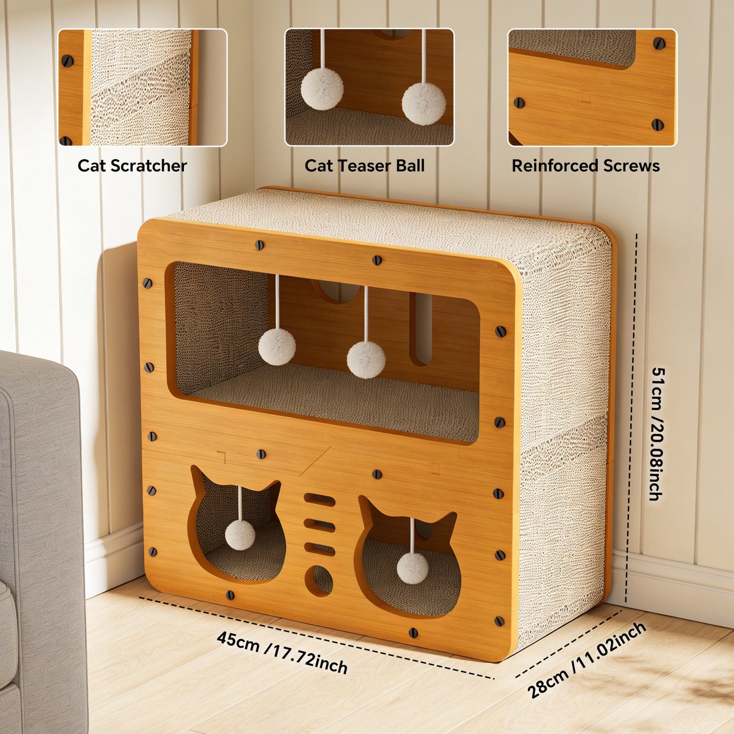 Double-Decker Wooden Cat Head Scratcher House & Lounge Nest