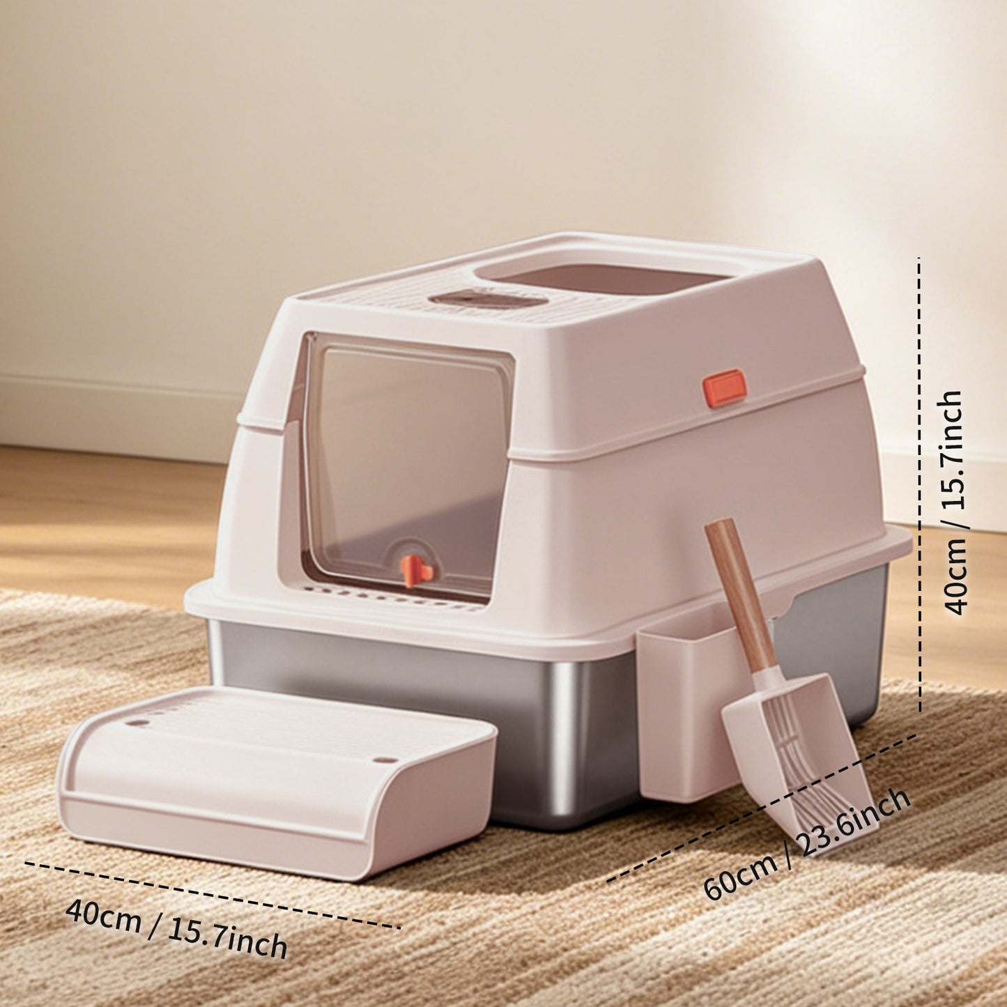 Stainless Steel Cat Litter Box with Anti-Leak Design, Odor Control, Anti-Tracking Step Mat & Litter Scoop
