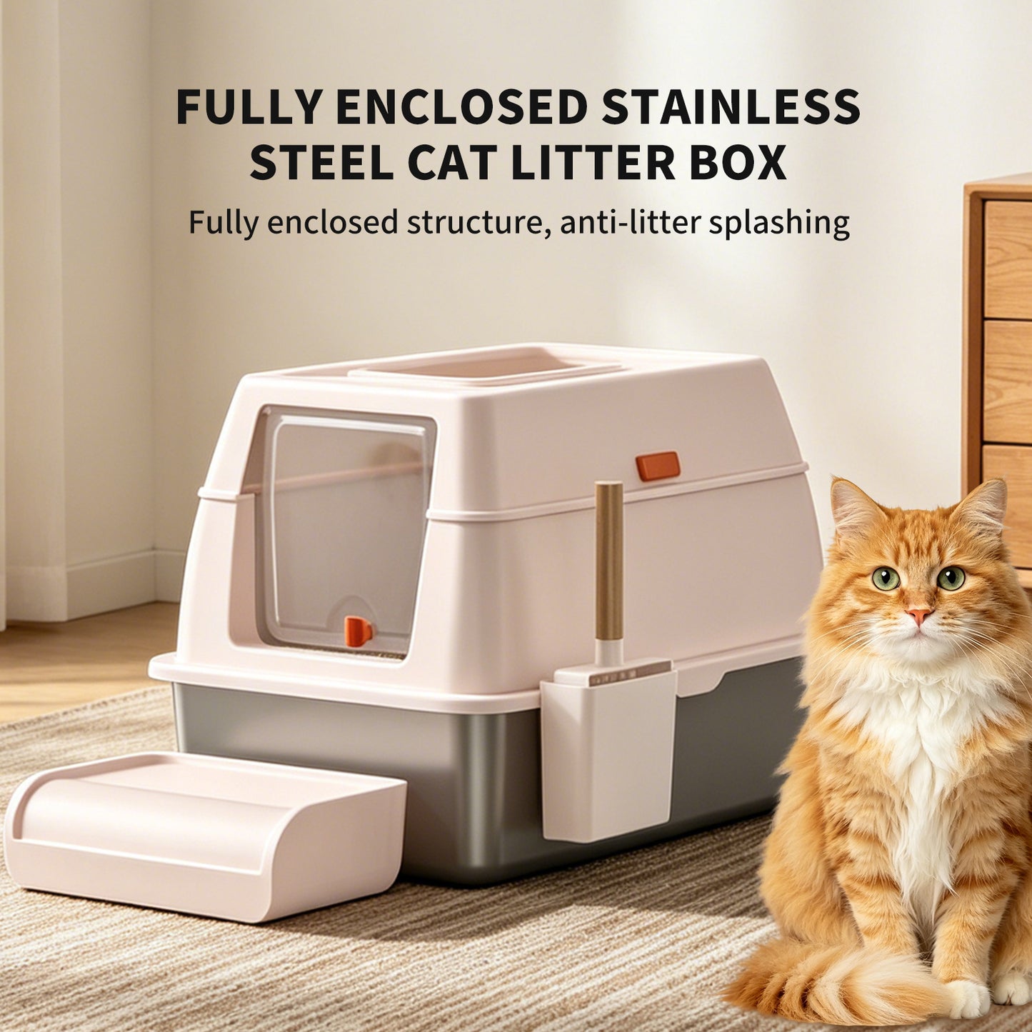 Stainless Steel Cat Litter Box with Anti-Leak Design, Odor Control, Anti-Tracking Step Mat & Litter Scoop