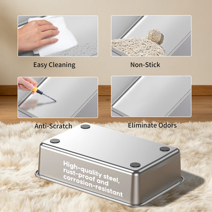 Stainless Steel Cat Litter Box with Anti-Leak Design, Odor Control, Anti-Tracking Step Mat & Litter Scoop