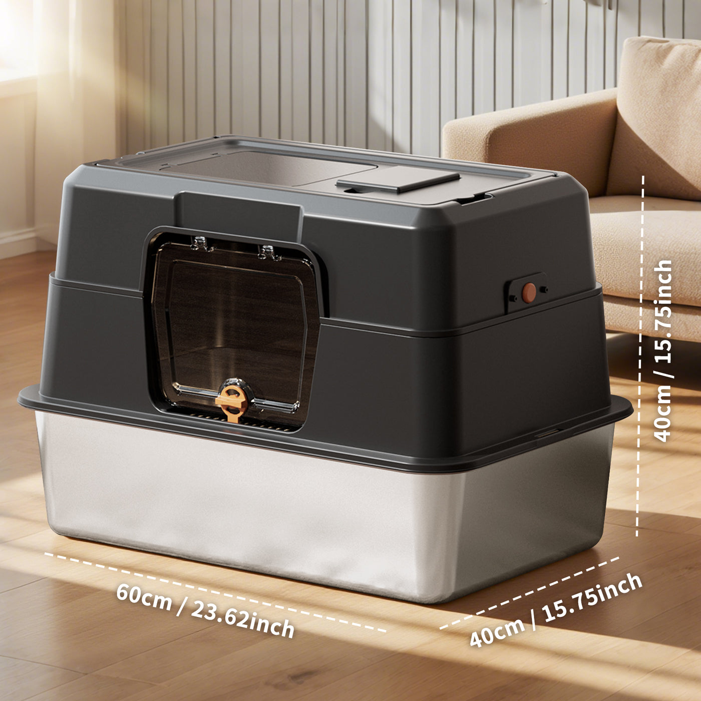Fully Enclosed Stainless Steel Cat Litter Box 23.6in x 15.75in x 15.75in with Front Door & Top Entry