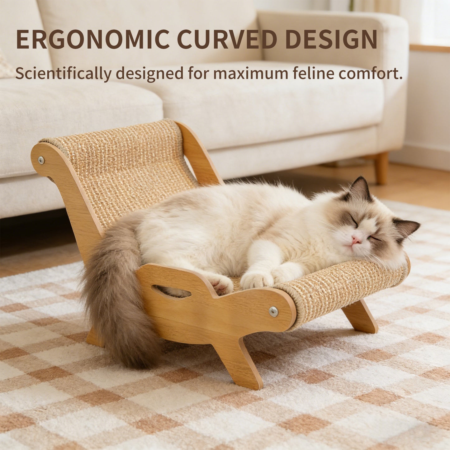 Ergonomic Wooden Cat Lounger & Heavy-Duty Sisal Scratcher Bed