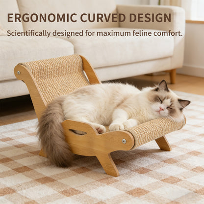 Ergonomic Wooden Cat Lounger & Heavy-Duty Sisal Scratcher Bed