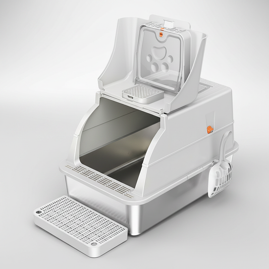 Cat Litter Box Open - Gray to White Gradient Background