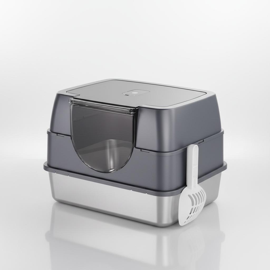 Fully Enclosed Cat Litter Box with Stainless Steel TrayOdor-Locking Detachable Top