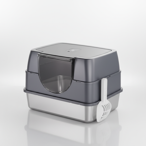 Fully Enclosed Cat Litter Box with Stainless Steel TrayOdor-Locking Detachable Top