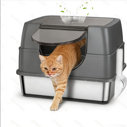 Fully Enclosed Cat Litter Box with Stainless Steel TrayOdor-Locking Detachable Top