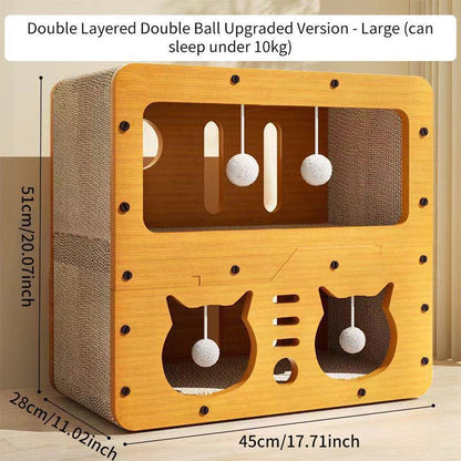Double-Decker Wooden Cat Head Scratcher House & Lounge Nest