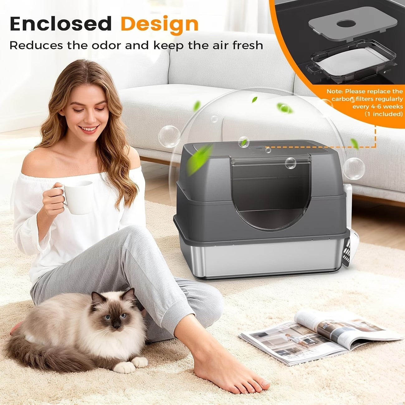 Fully Enclosed Cat Litter Box with Stainless Steel TrayOdor-Locking Detachable Top