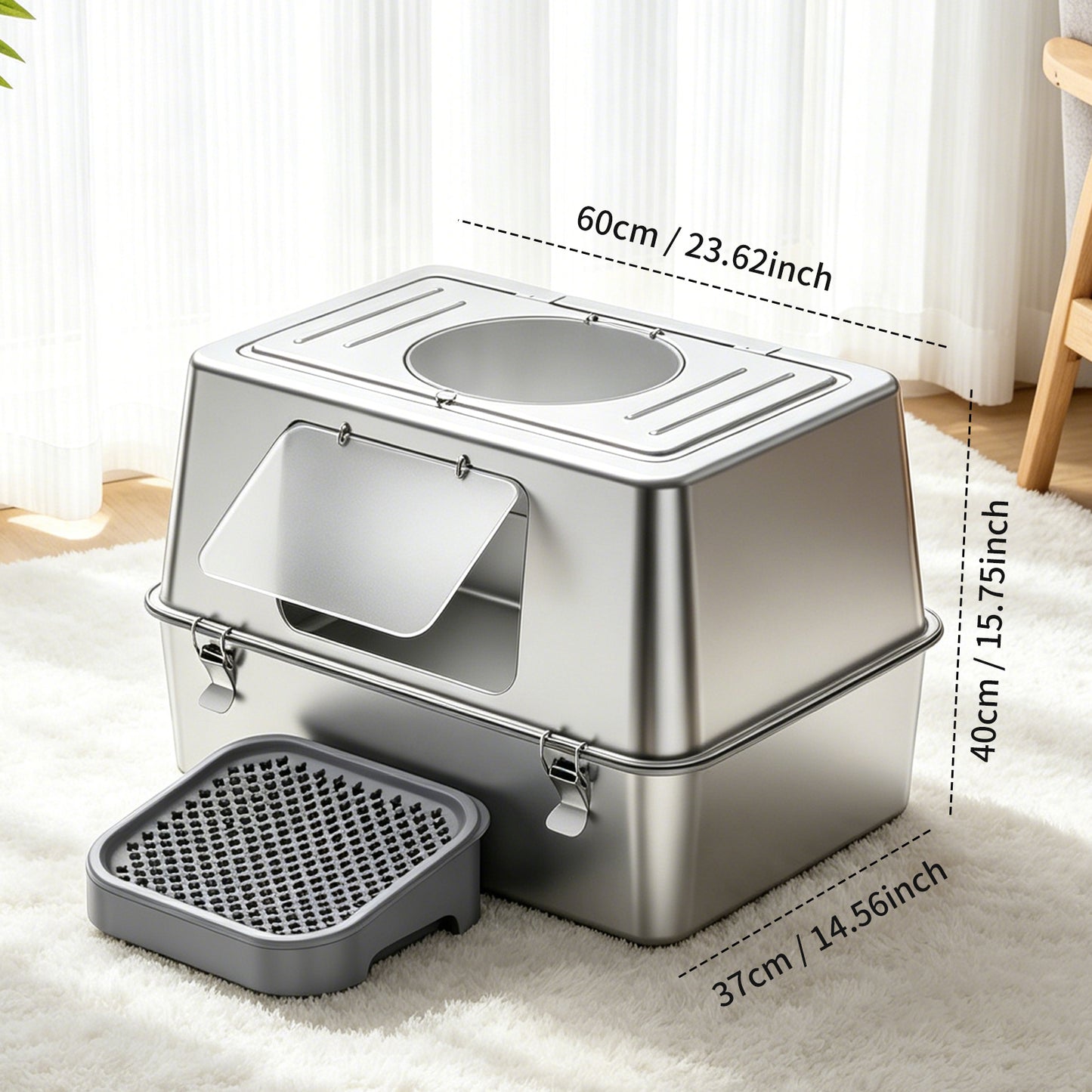 Stainless Steel Cat Litter Box with Anti-Tracking Pedal & Charcoal Odor Absorber
