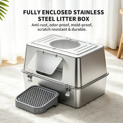 Stainless Steel Cat Litter Box with Anti-Tracking Pedal & Charcoal Odor Absorber
