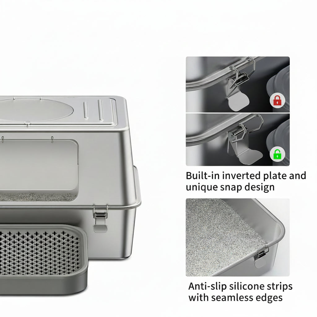 Stainless Steel Cat Litter Box with Anti-Tracking Pedal & Charcoal Odor Absorber