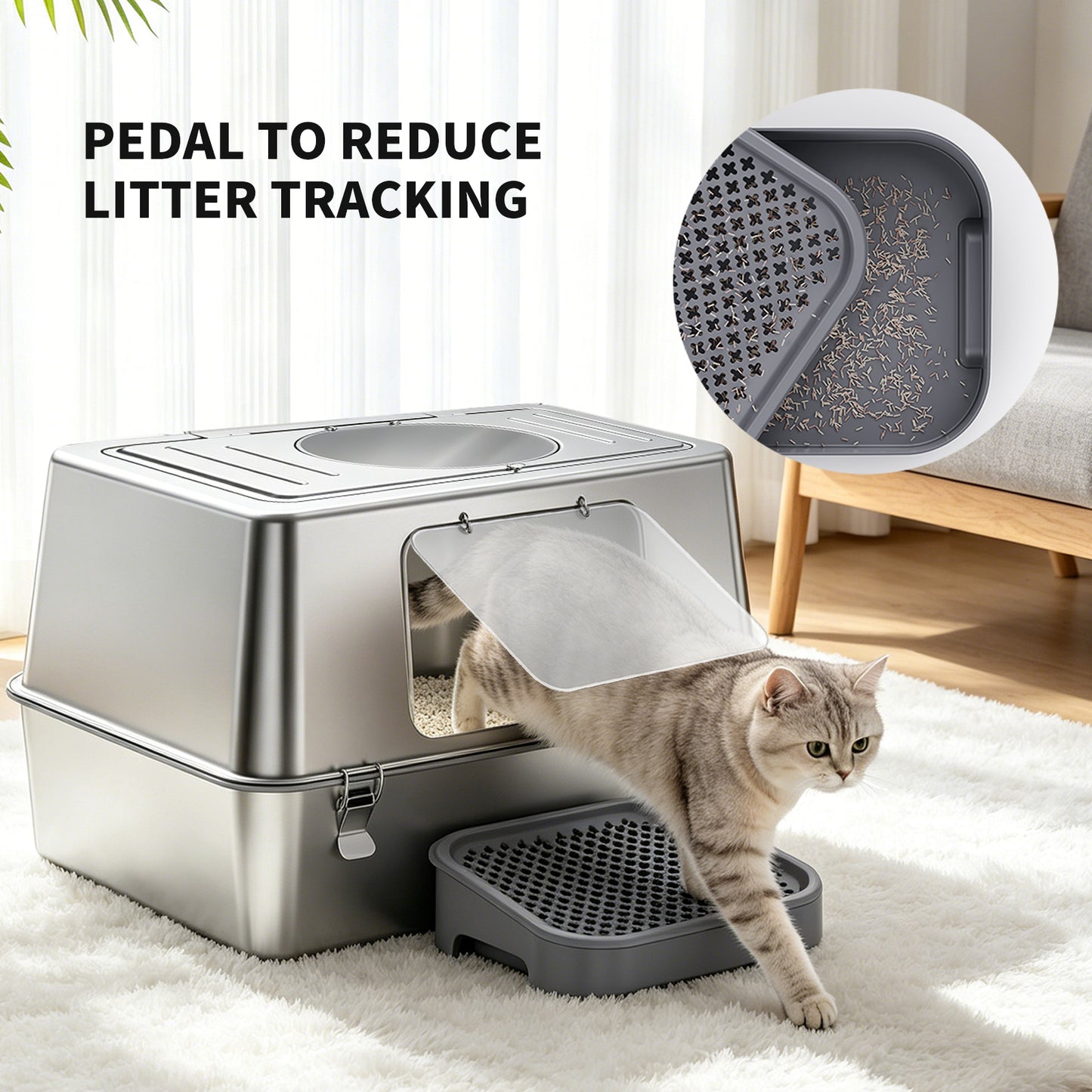 Stainless Steel Cat Litter Box with Anti-Tracking Pedal & Charcoal Odor Absorber