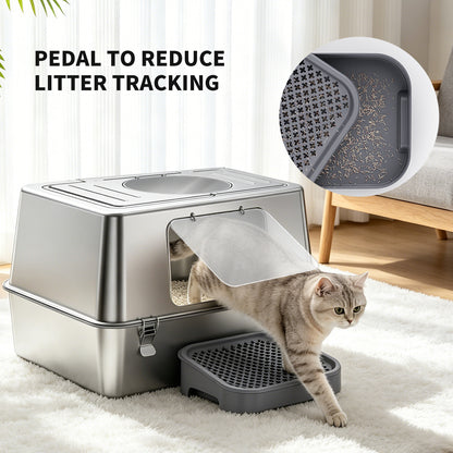Stainless Steel Cat Litter Box with Anti-Tracking Pedal & Charcoal Odor Absorber