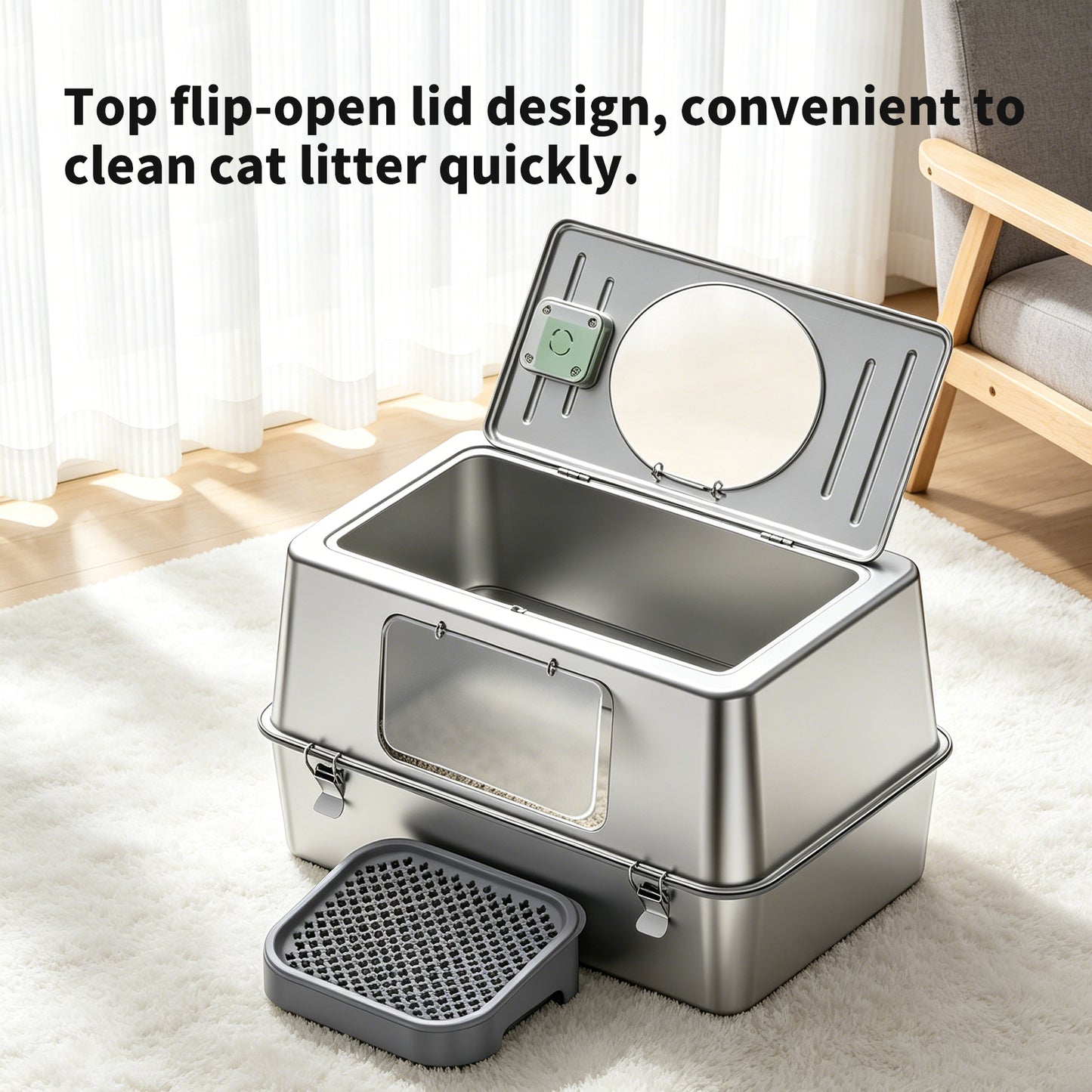Stainless Steel Cat Litter Box with Anti-Tracking Pedal & Charcoal Odor Absorber
