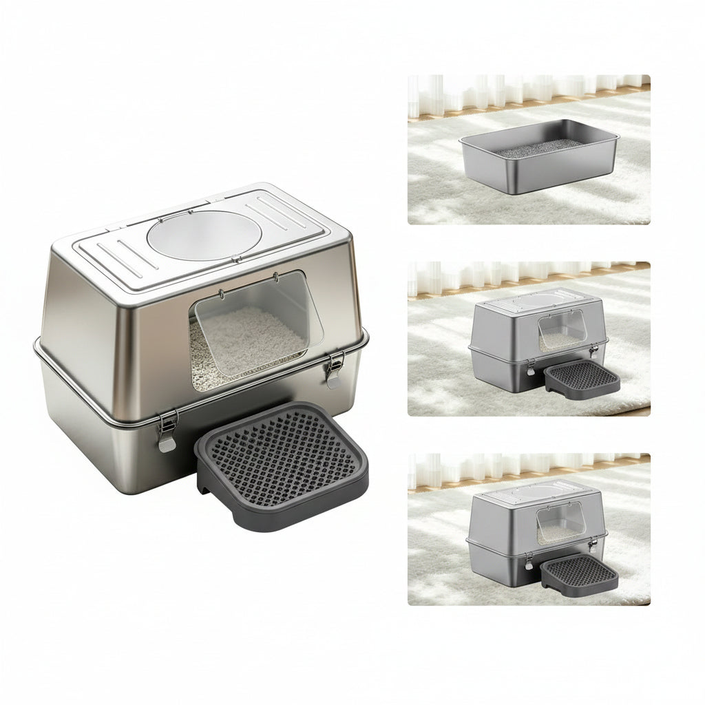 Stainless Steel Cat Litter Box with Anti-Tracking Pedal & Charcoal Odor Absorber