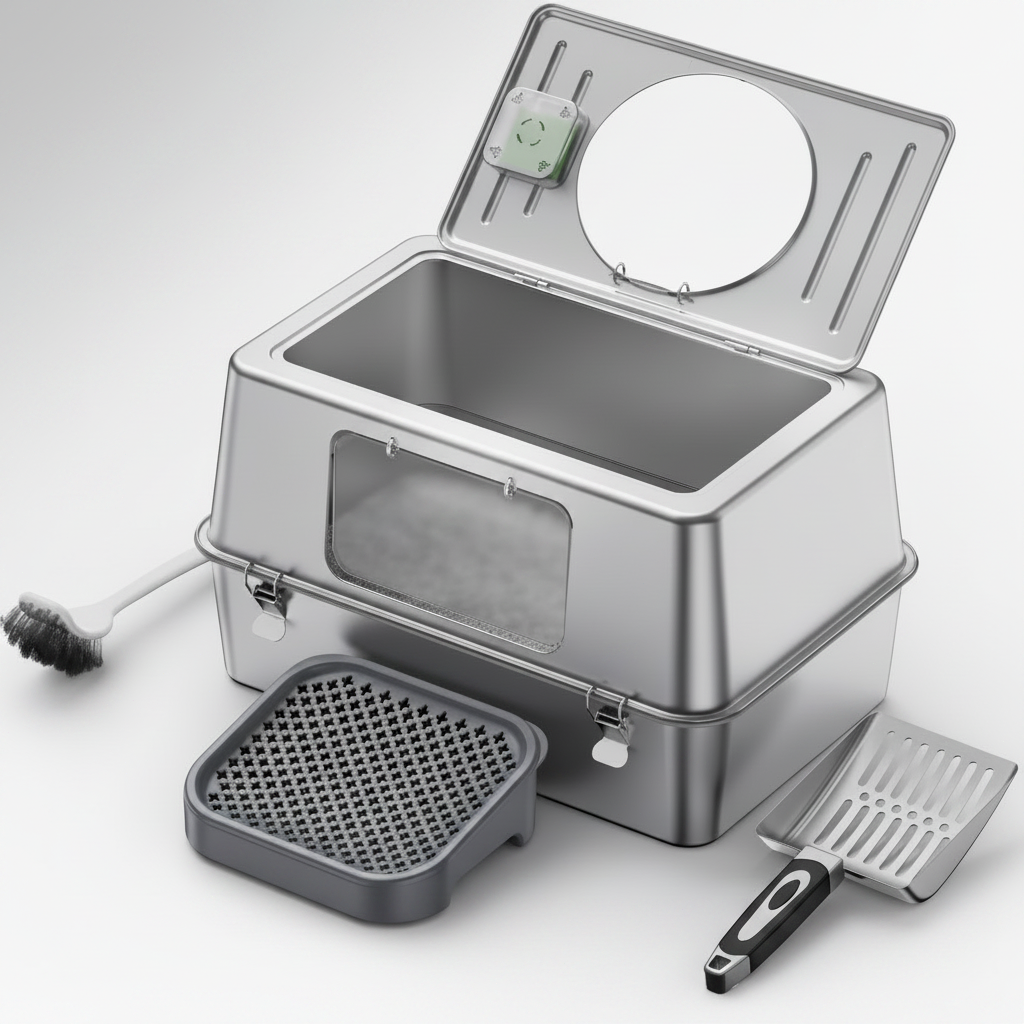 Stainless Steel Cat Litter Box with Accessories - Gray to White Gradient