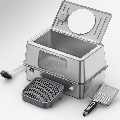 Stainless Steel Cat Litter Box with Accessories - Gray to White Gradient